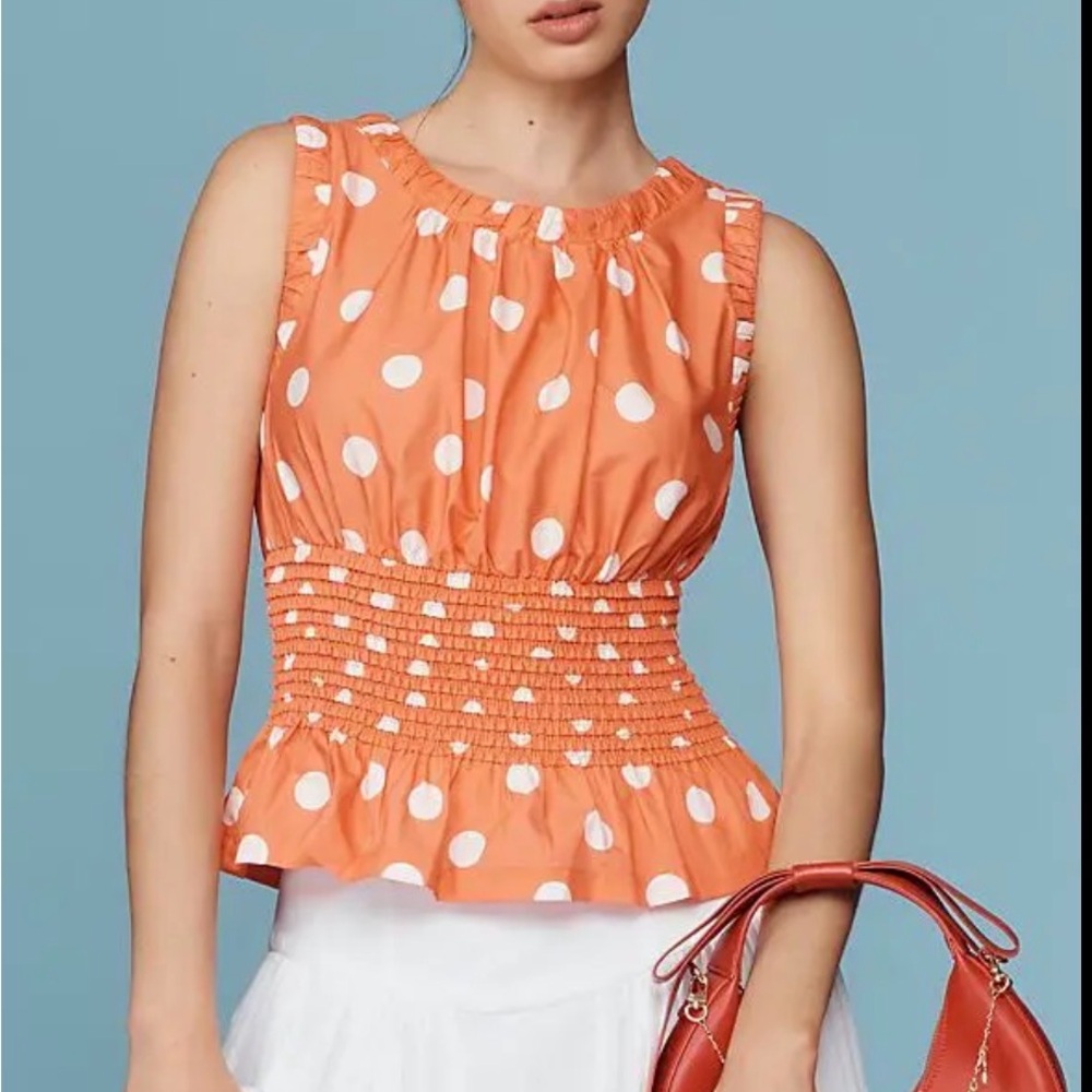 Anthropologie Coral Orange Polka Dot Smocked Peplum Tank